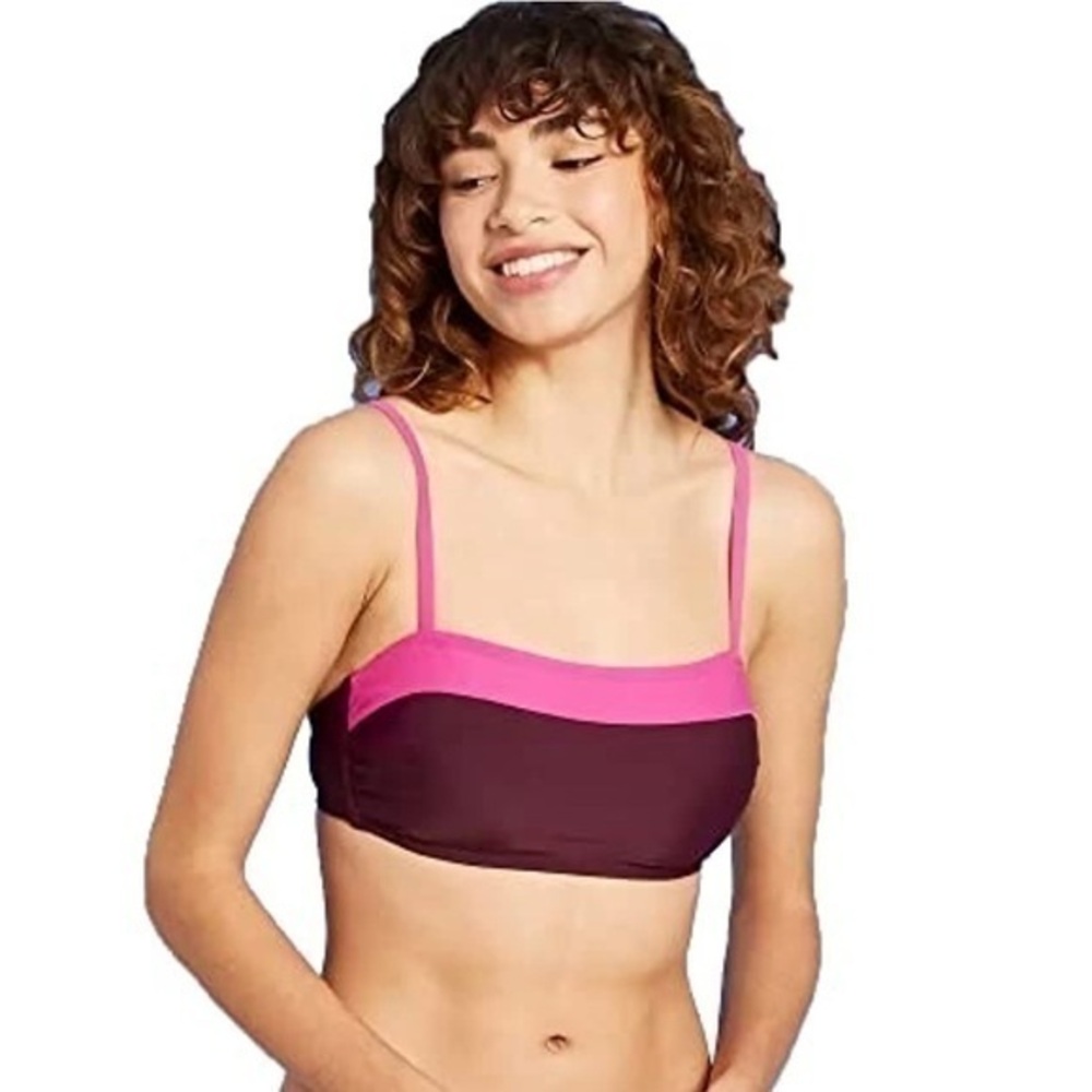 KONA SOL Women's Colorblock Bandeau Bikini Top Burgundy pink size medium